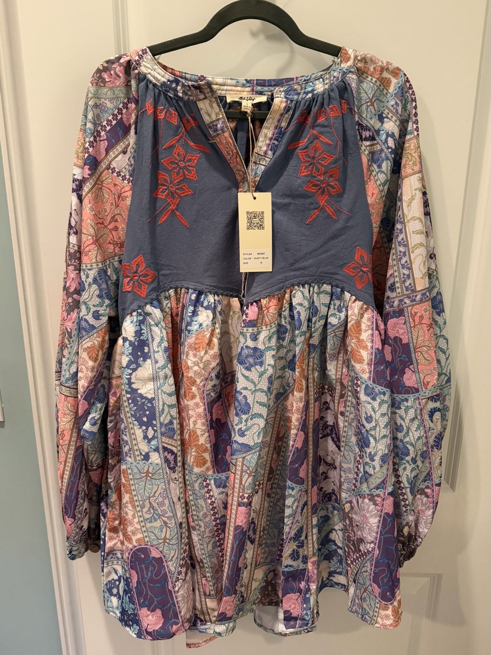 NWT Blue Velvet Embroidered Patchwork Boho Tunic Top Dusty Blue S